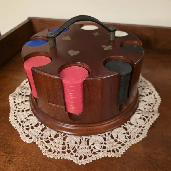 BOMBAY ♠️ Wooden Poker Chip Handle Carousel Caddy w/RedBlueWhite & Black Chips